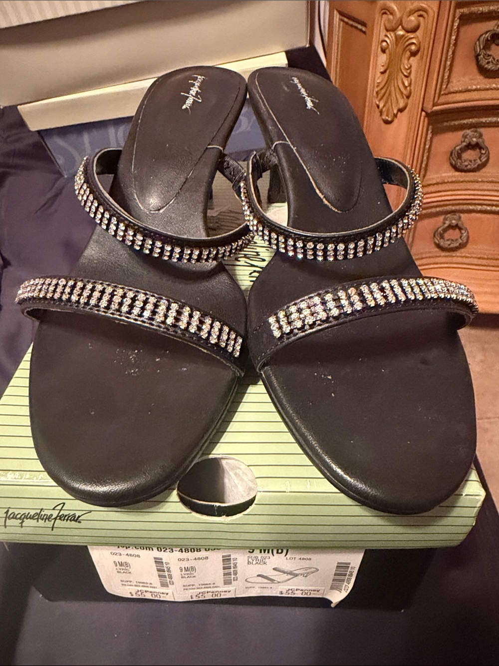 Jacqueline Ferrar Black Rhinestone Double-Strap Slide Sandals